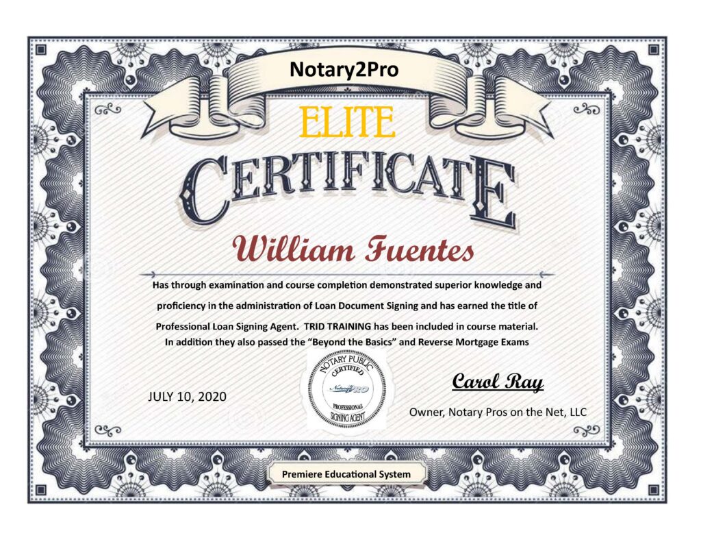 Notay2Pro Certificate for William Fuentes